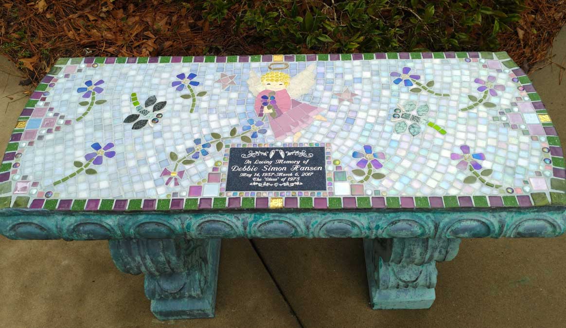 Mosaic Memorial Garden Bench of Debbie's Angel by Water's End Studio Artist Linda Solby