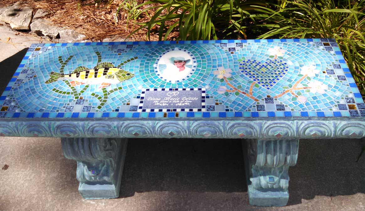 Mosaic Memorial Garden Bench with Portrait Tiles of Diane's Fish and Heart by Water's End Studio Artist Linda Solby