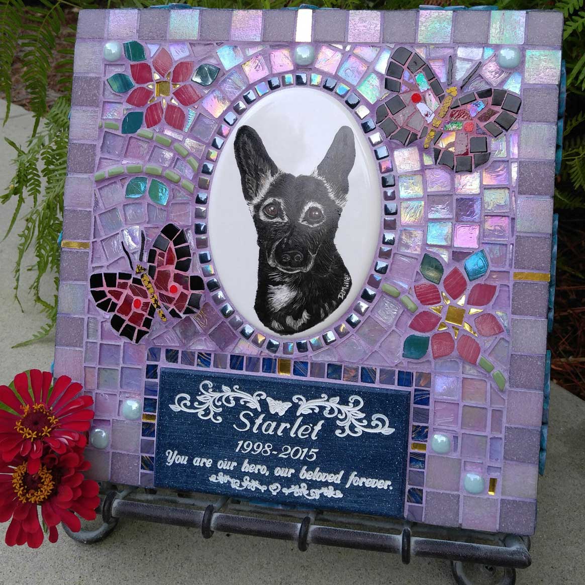 Mosaic Pet Portrait Memorial Stone of Dog Starlet's Butterflies by Water's End Studio Artist Linda Solby
