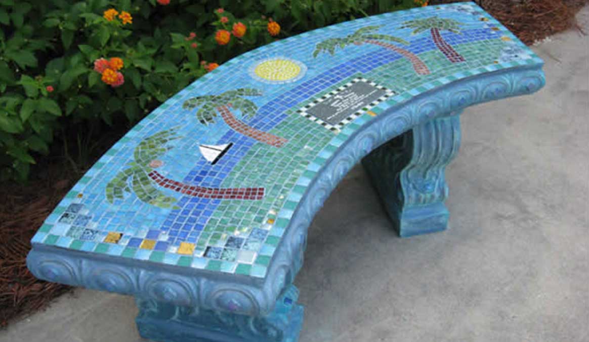 Mosaic Memorial Garden Bench of Dylan's Beach by Water's End Studio Artist Linda Solby