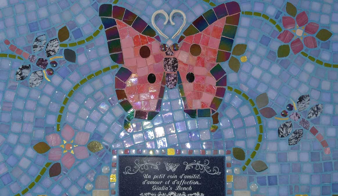 Mosaic Memorial Garden Bench of Giulia's Pink Butterfly Closeup by Water's End Studio Artist Linda Solby
