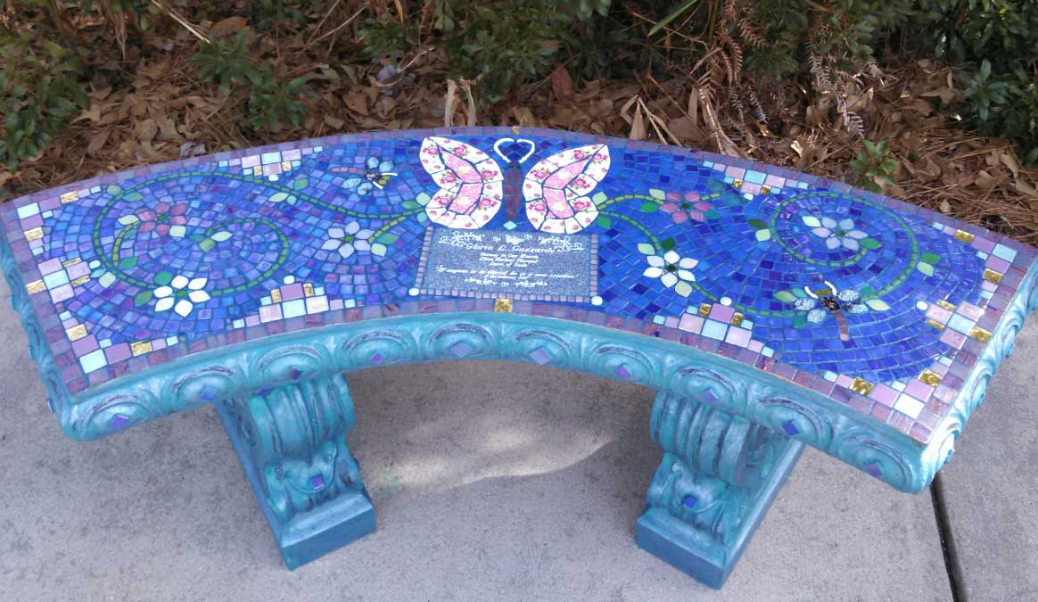 Mosaic Memorial Garden Bench of Ryan Gloria's Butterfly by Water's End Studio Artist Linda Solby