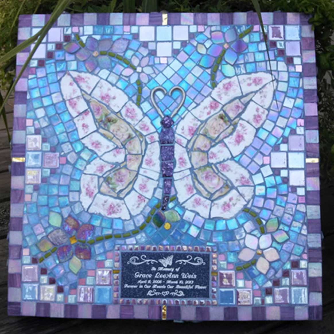 Mosaic Memorial Garden Art Stone of Grace's Butterfly by Water's End Studio Artist Linda Solby