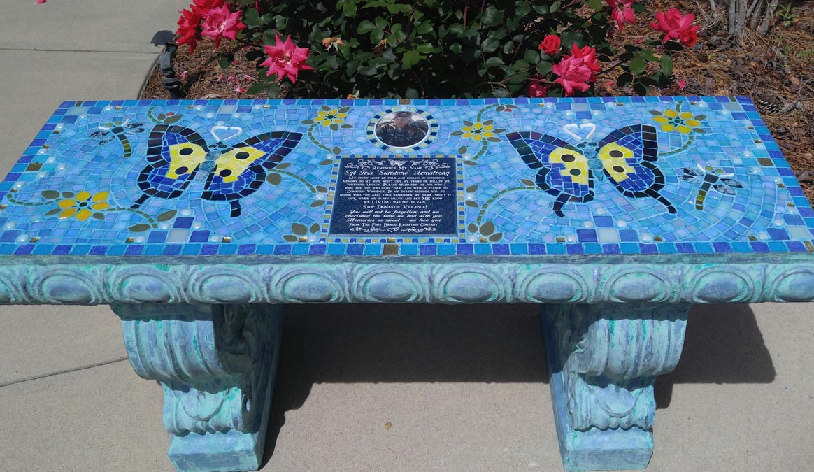 Mosaic Memorial Garden Bench with Portrait Tiles of Iris's Blue Butterflies, Sunshine Flowers, and Dragonflies by Water's End Studio Artist Linda Solby