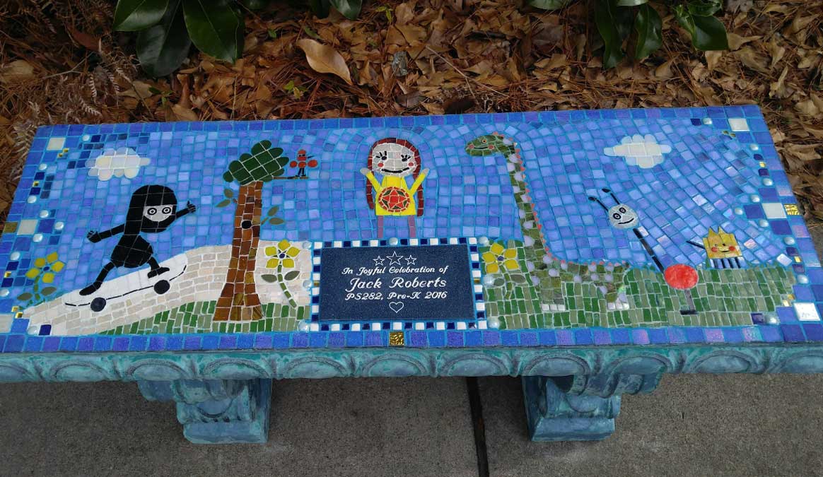 Mosaic Memorial Garden Bench of Jack's Memorial by Water's End Studio Artist Linda Solby