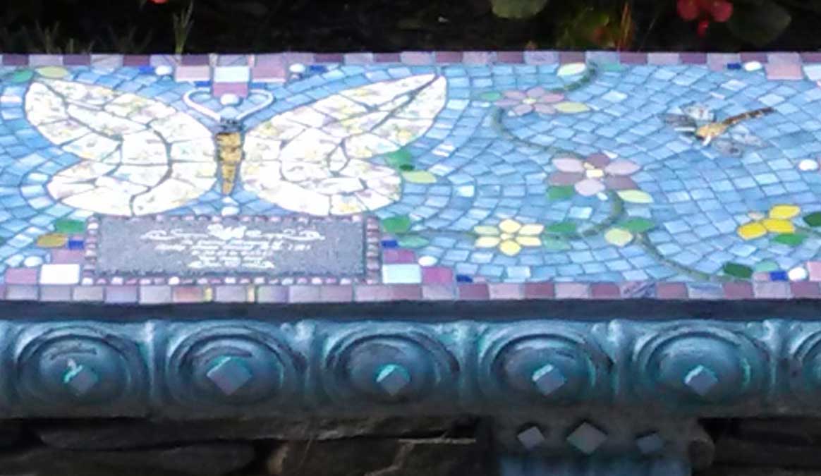 Mosaic Memorial Garden Bench of Kelly's Butterfly Closeup by Water's End Studio Artist Linda Solby