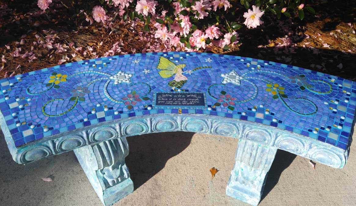 Mosaic Memorial Garden Bench of Kelly's Stars and Fairy by Water's End Studio Artist Linda Solby
