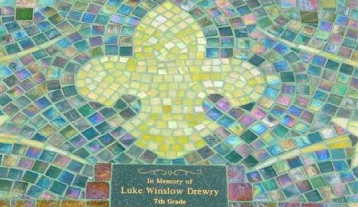 Mosaic Memorial Garden Bench of Luke's Stars and Fleur De Lis Closeup by Water's End Studio Artist Linda Solby