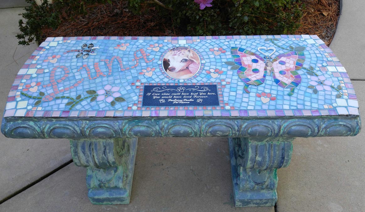 Mosaic Memorial Garden Bench with Portrait Tiles of Luna's Pink Butterfly by Water's End Studio Artist Linda Solby