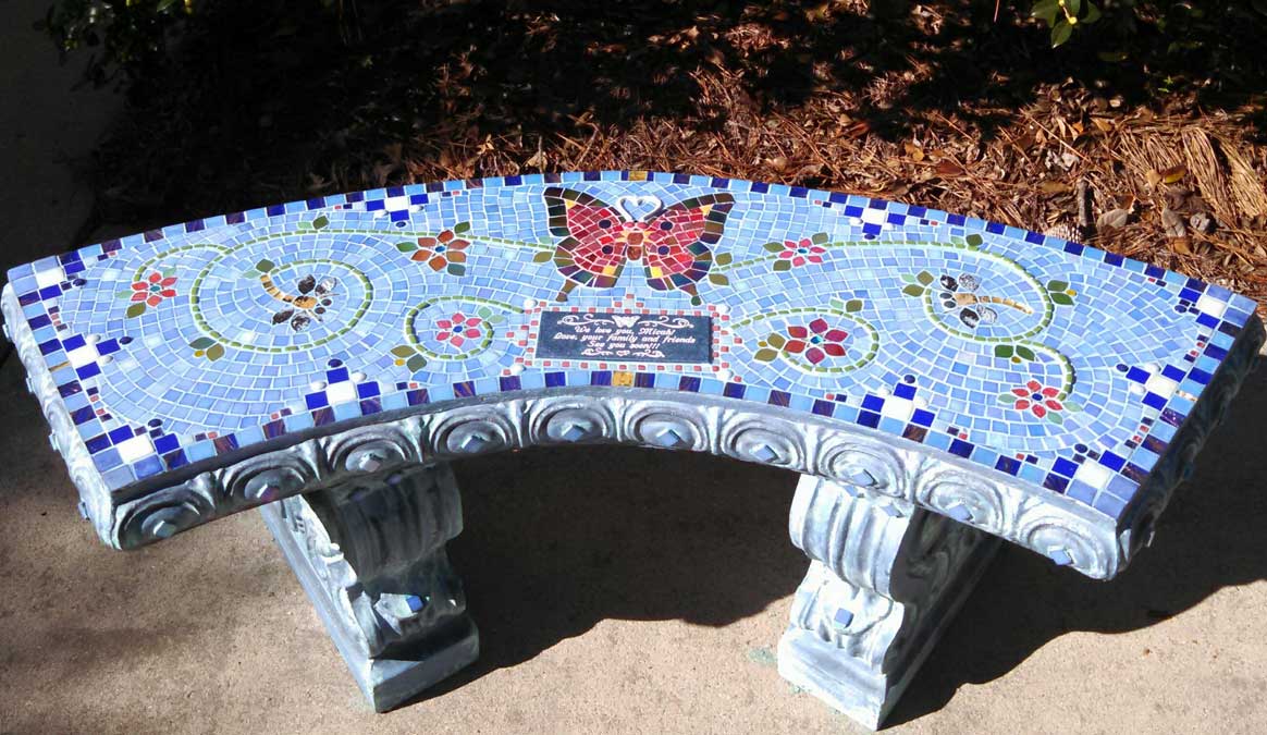 Mosaic Memorial Garden Bench of Micah's Red Butterfly by Water's End Studio Artist Linda Solby