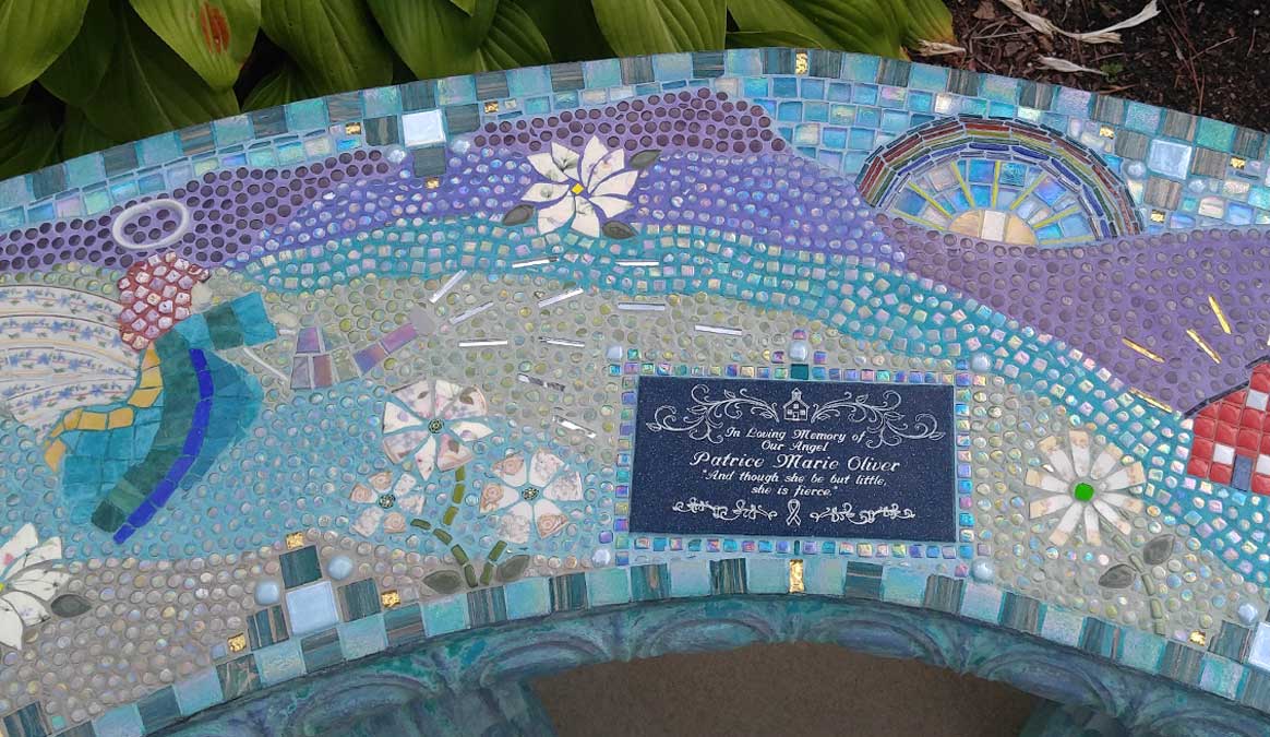 Mosaic Memorial Garden Bench of Patrice's Angel Among Mountains Closeup by Water's End Studio Artist Linda Solby