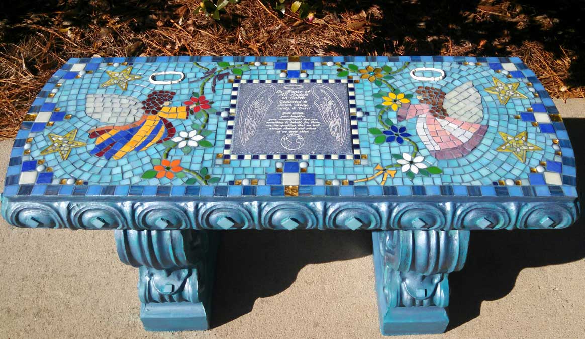 Mosaic Memorial Garden Bench of Two Angels by Water's End Studio Artist Linda Solby