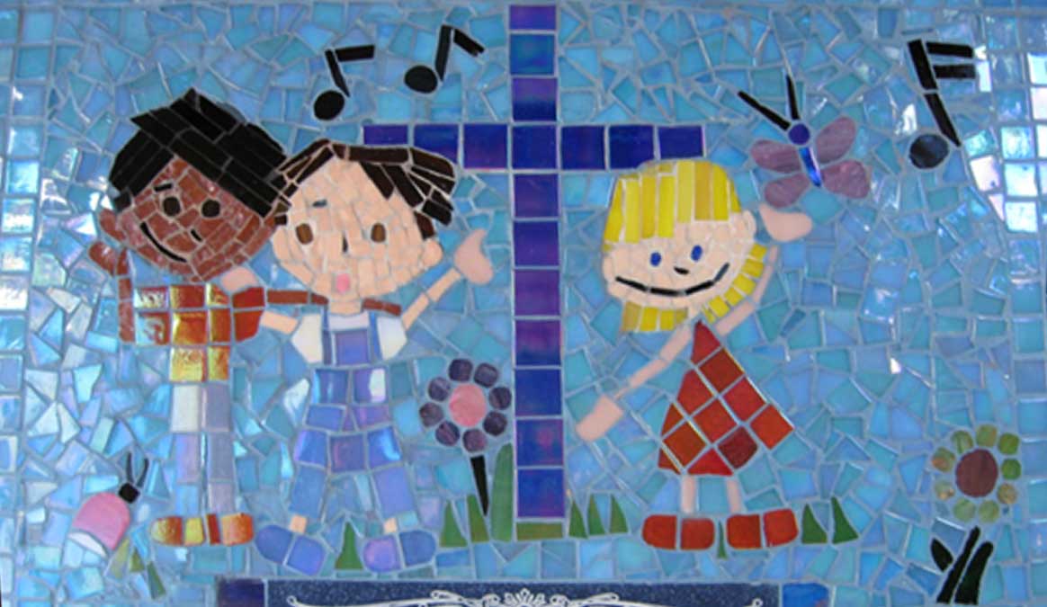Mosaic Memorial Garden Bench of Molly's Art Bench featuring the Pebble Preschool Logo in Mosaic Closeup by Water's End Studio Artist Linda Solby