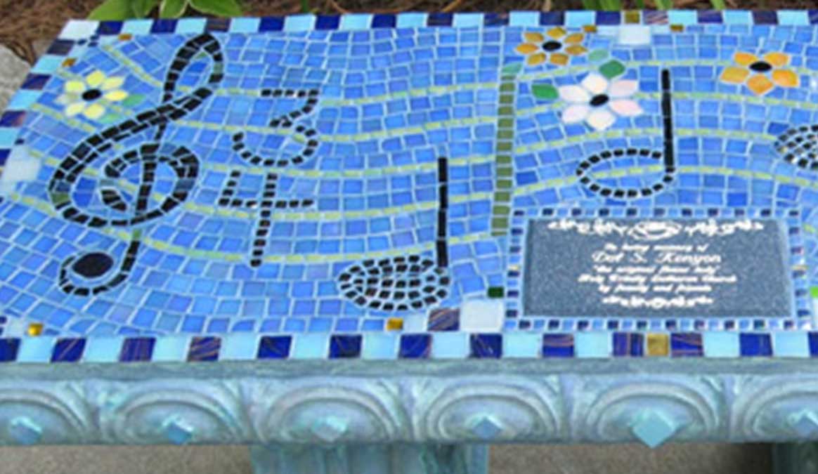 Mosaic Memorial Garden Bench of Mother's Amazing Grace Music Closeup by Water's End Studio Artist Linda Solby