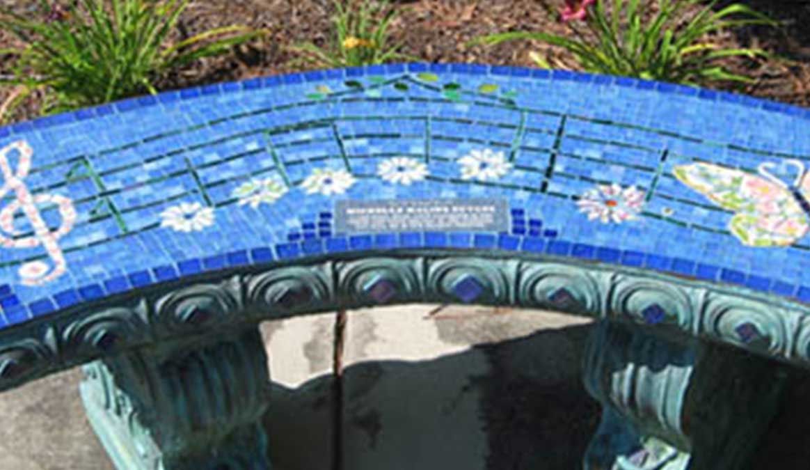 Mosaic Memorial Garden Bench of Music and Butterfly Closeup by Water's End Studio Artist Linda Solby
