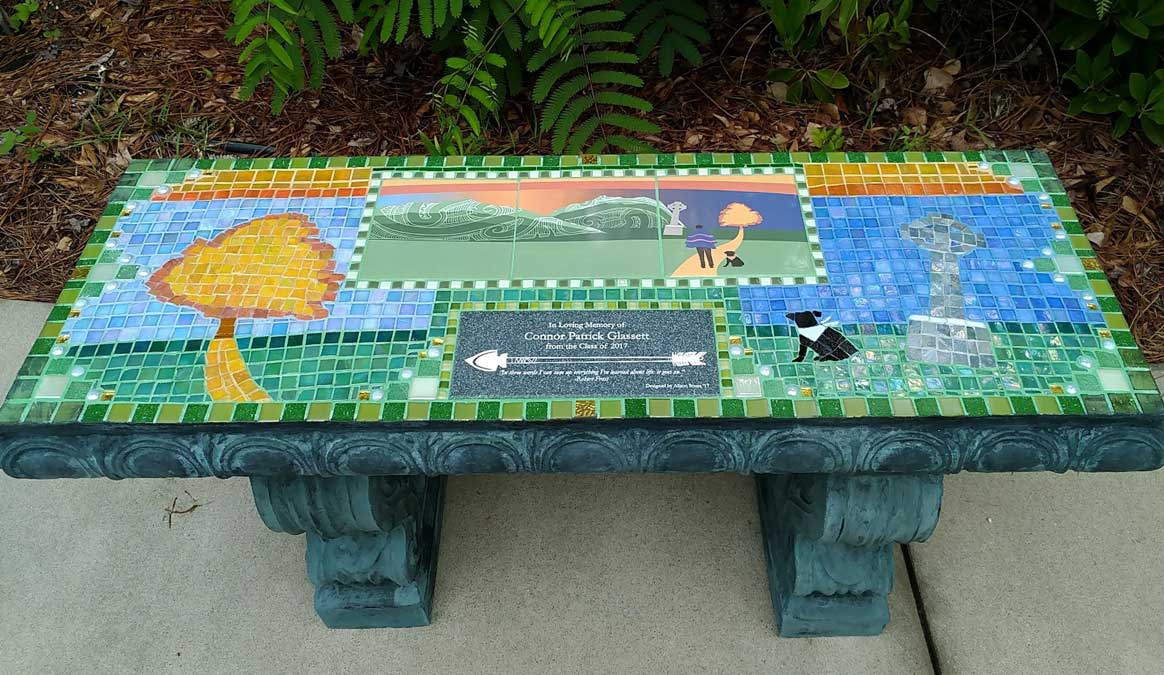 Mosaic Memorial Garden Bench of Conner's Memorial by Water's End Studio Artist Linda Solby