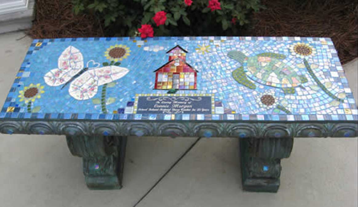 Mosaic Memorial Garden Bench of Connie's Favorite Things Turtle and Butterfly by Water's End Studio Artist Linda Solby
