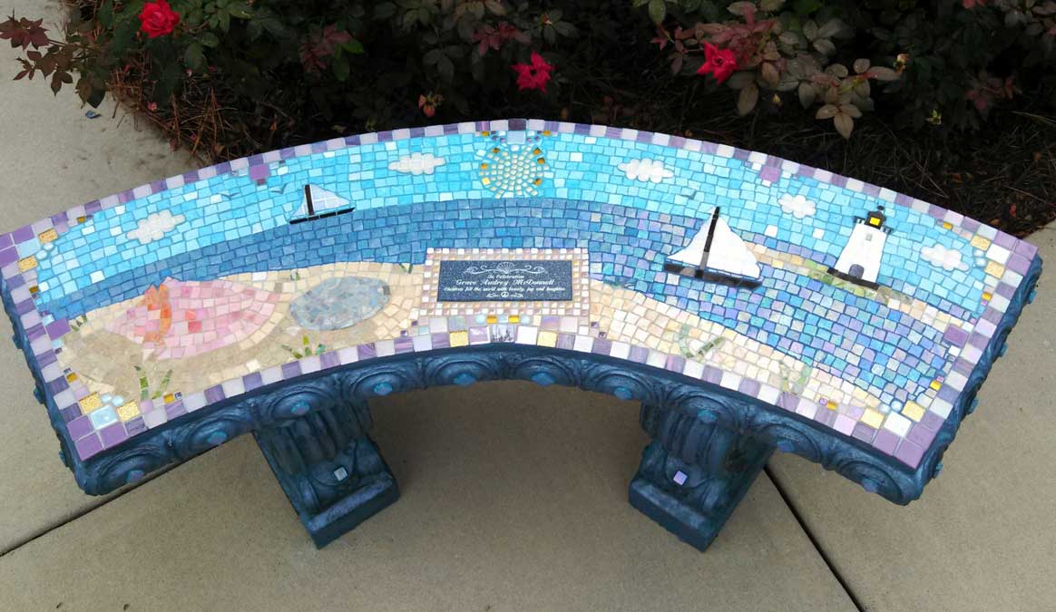 Mosaic Memorial Garden Bench of Grace's Lighthouse by Water's End Studio Artist Linda Solby