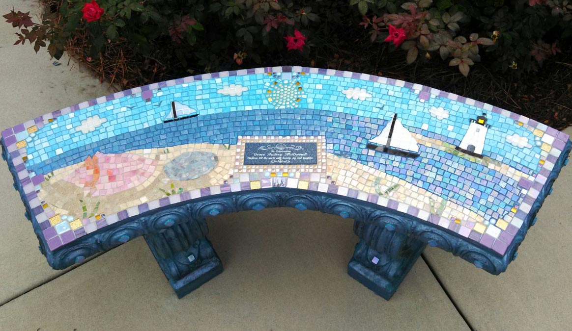 Mosaic Memorial Garden Bench Seascape with Lighthouse by Water's End Studio Artist Linda Solby