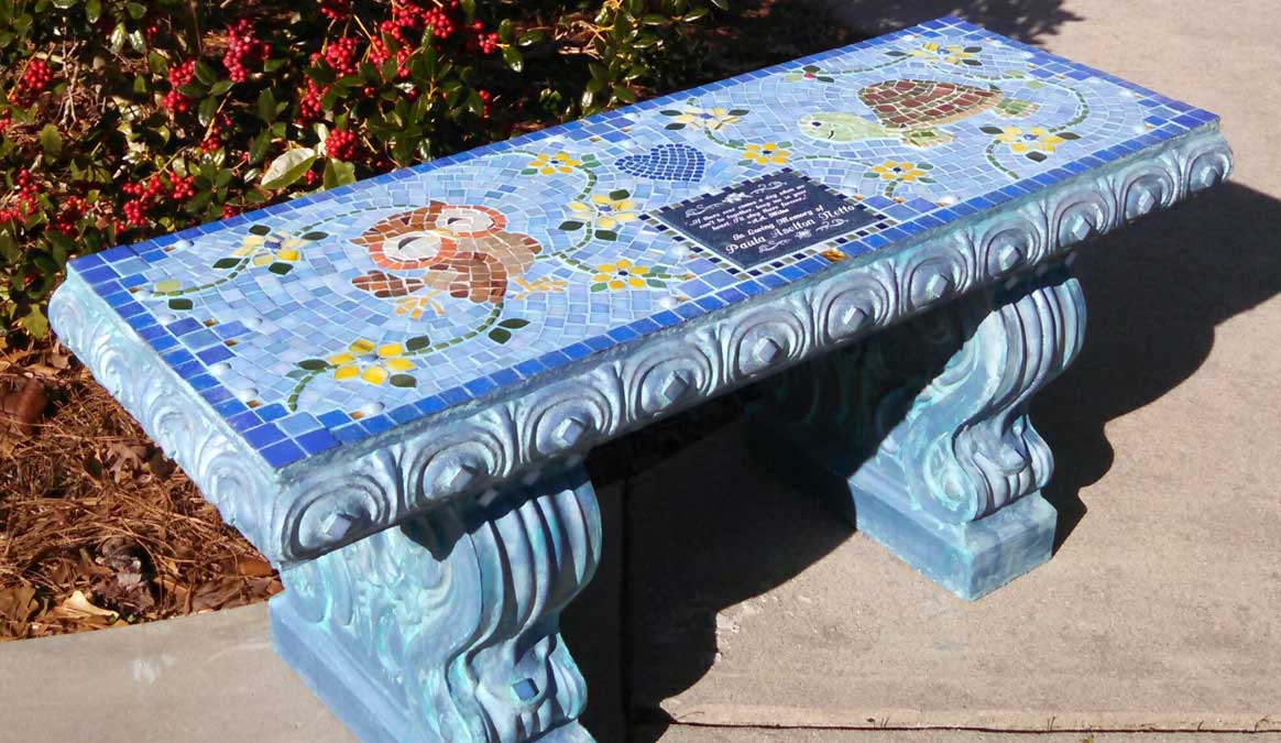 Mosaic Memorial Garden Bench of Paula's Puppets Owl and Turtle by Water's End Studio Artist Linda Solby