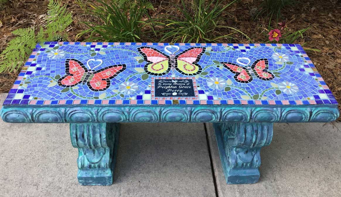 Mosaic Memorial Garden Bench of Peighton's Butterflies by Water's End Studio Artist Linda Solby
