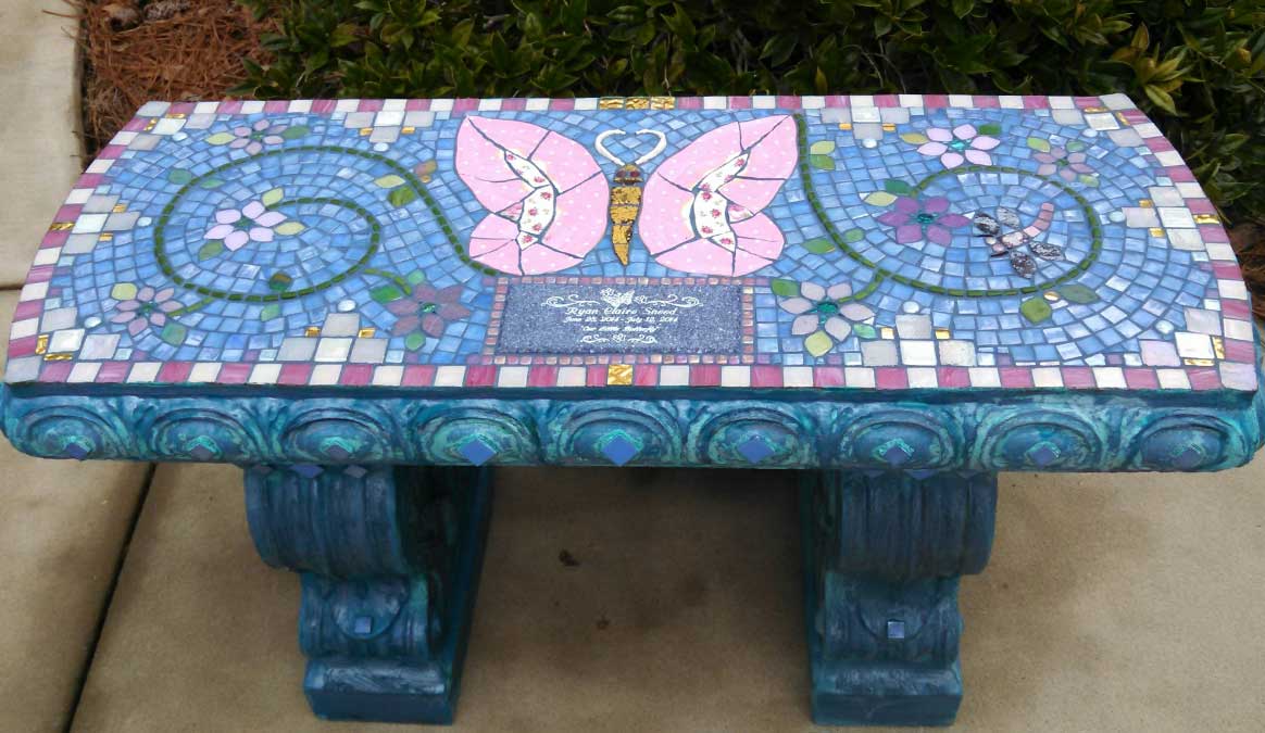 Mosaic Memorial Garden Bench of Ryan Claire's Pink Butterfly by Water's End Studio Artist Linda Solby