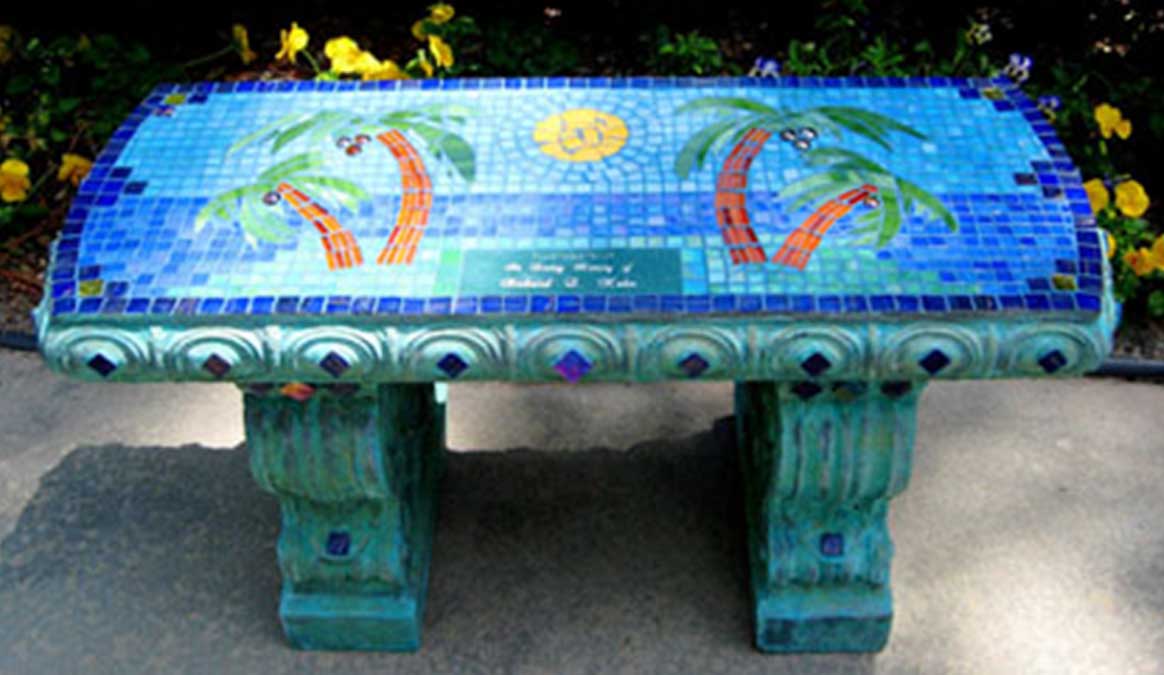 Mosaic Memorial Garden Bench of Palm Trees by Water's End Studio Artist Linda Solby