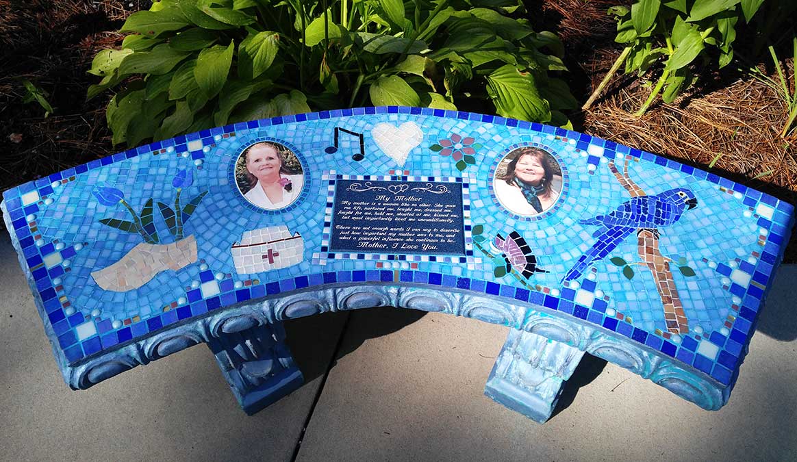 Mosaic Memorial Garden Bench with Portrait Tiles of Two Mothers by Water's End Studio Artist Linda Solby