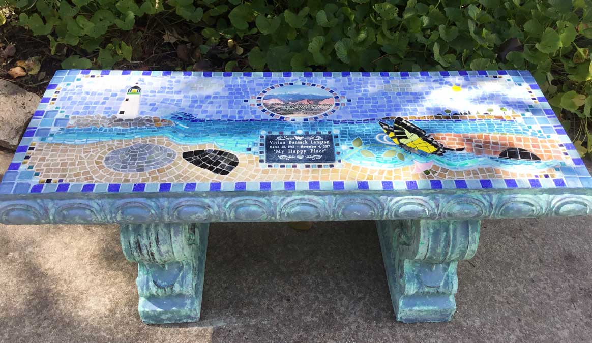 Mosaic Memorial Garden Bench of Vivian's Happy Place Beach Scene by Water's End Studio Artist Linda Solby