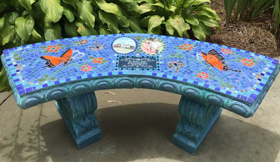 Mosaic Memorial Garden Bench with Portrait Tiles of Jordan's Orange Butterflies by Water's End Studio Artist Linda Solby