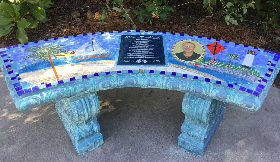 Mosaic Memorial Garden Bench with Portrait Tiles of Michael's Favorite Place by Water's End Studio Artist Linda Solby