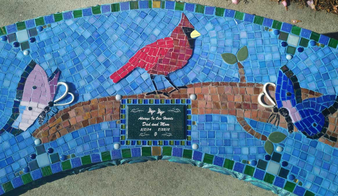 Mosaic Memorial Garden Bench of Mom and Dad's Cardinal Closeup by Water's End Studio Artist Linda Solby