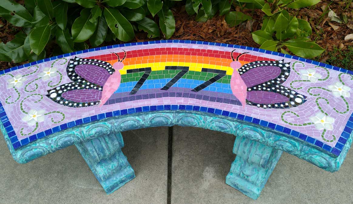 Mosaic Memorial Garden Bench of Megan's Rainbow Butterfly by Water's End Studio Artist Linda Solby