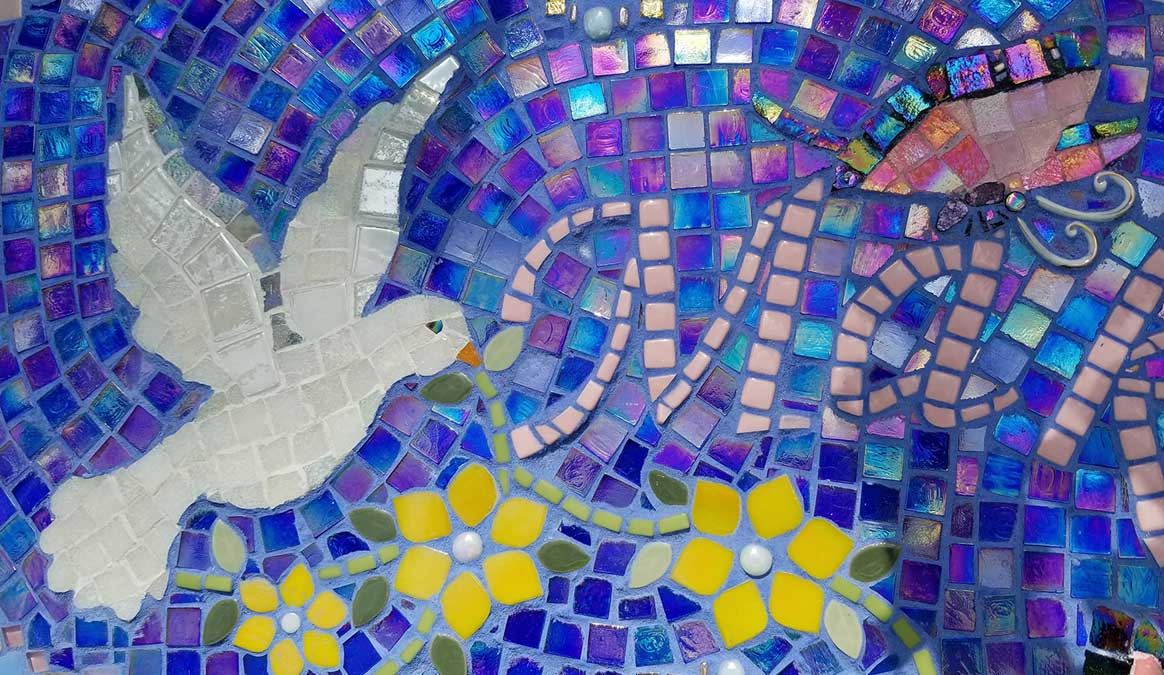 Mosaic Memorial Garden Bench of Makayla's Doves Closeup by Water's End Studio Artist Linda Solby