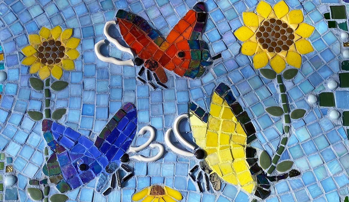 Mosaic Memorial Garden Bench of Addisyn’s Sunflowers Closeup by Water's End Studio Artist Linda Solby