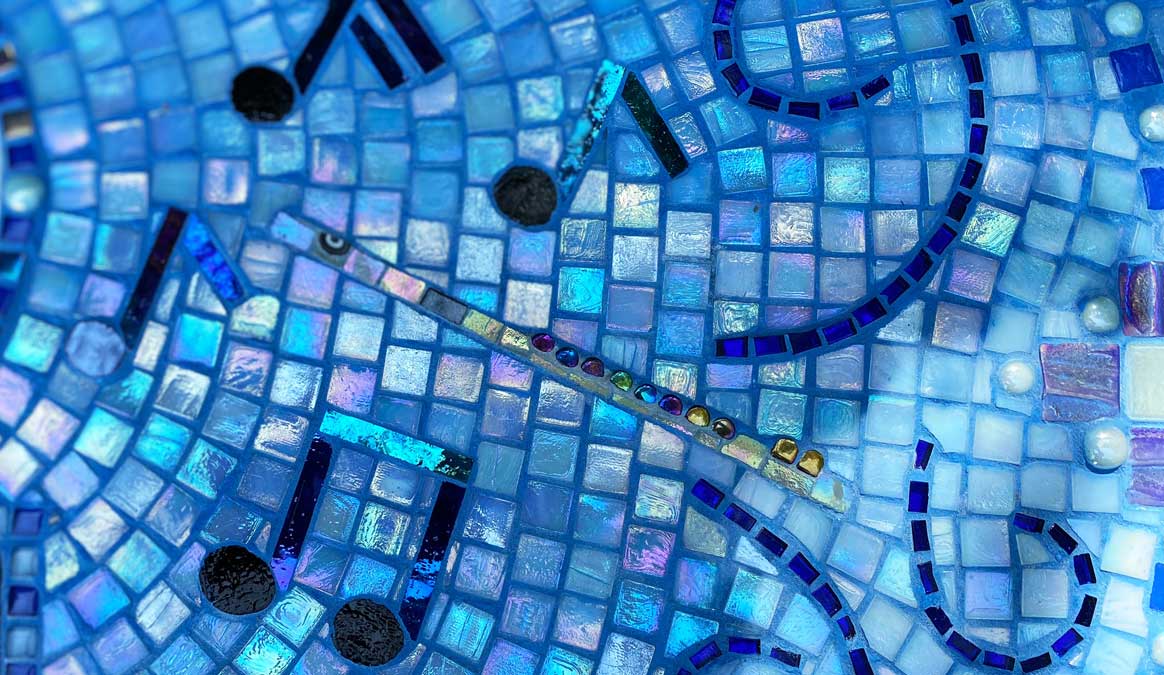 Mosaic Memorial Garden Bench of Abby's Favorite Things Closeup by Water's End Studio Artist Linda Solby